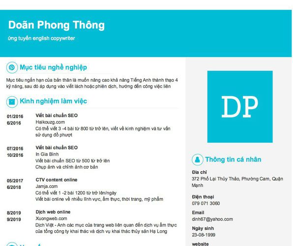 Mẫu CV ứng tuyển english copywriter