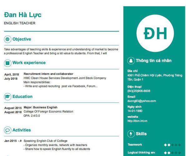 Mẫu CV ENGLISH TEACHER