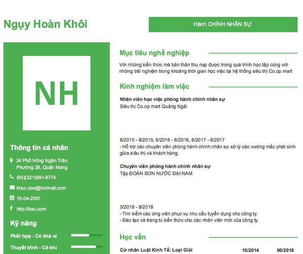 Mẫu CV Hành CHÍNH NHÂN SỰ