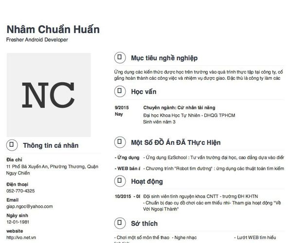 Mẫu CV Fresher Android Developer
