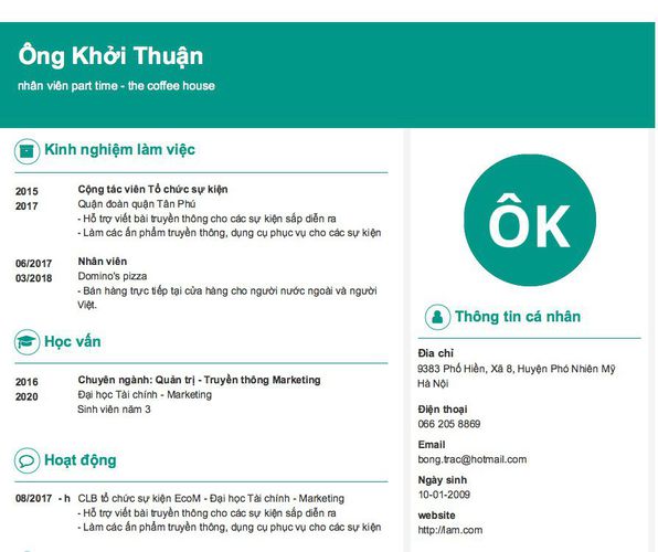 Gợi ý cách viết Mẫu CV tham khảo nhân viên part time - the coffee house