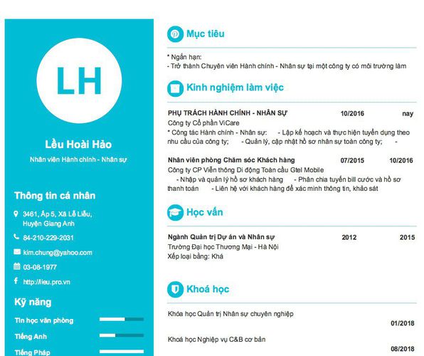 Mẫu CV Nhân viên Hành chính - Nhân sự