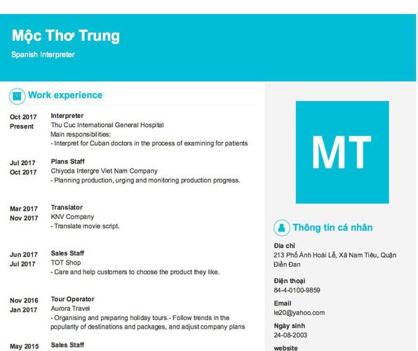 Mẫu CV Spanish Interpreter