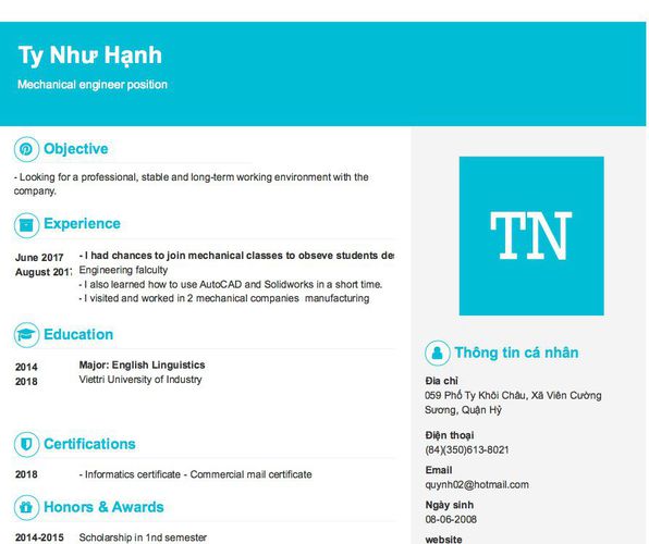 Mẫu CV Mechanical engineer position