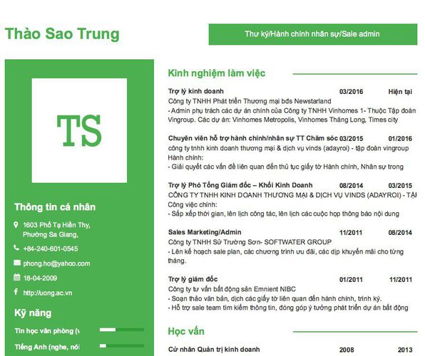 Mẫu CV Thư ký/Hành chính nhân sự/Sale admin