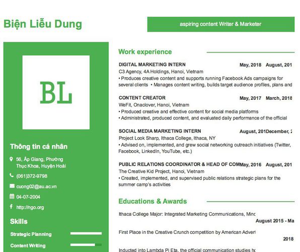 Mẫu CV aspiring content Writer & Marketer