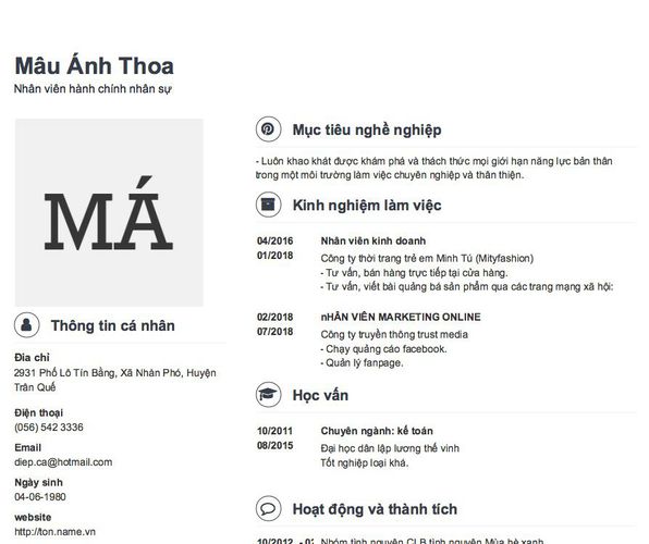 Mẫu CV Nhân viên hành chính nhân sự