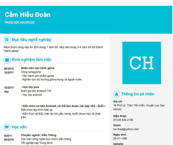 Mẫu CV FRESHER ANDROID