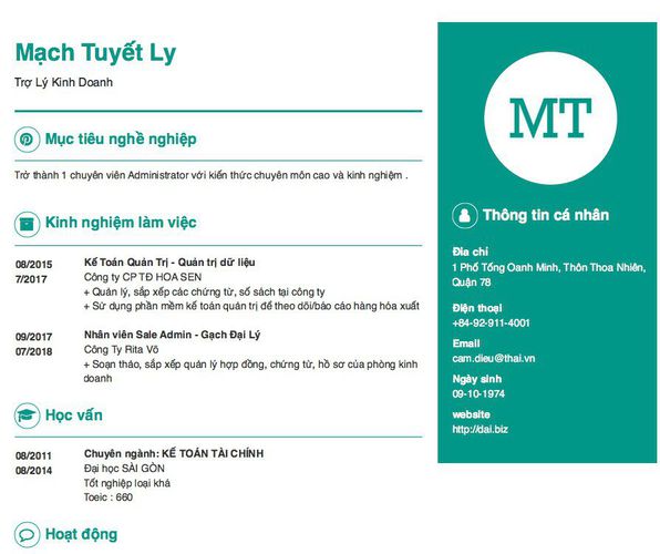Mẫu CV Trợ Lý Kinh Doanh
