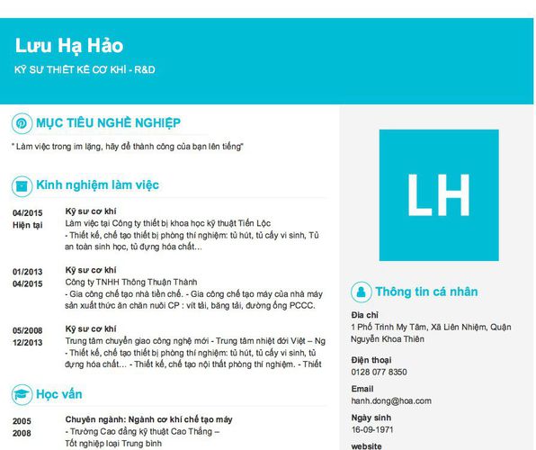 Mẫu CV KỸ SƯ THIẾT KẾ CƠ KHÍ - R&D