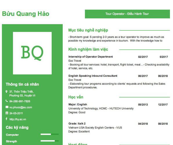 Mẫu CV Tour Operator - Điều Hành Tour