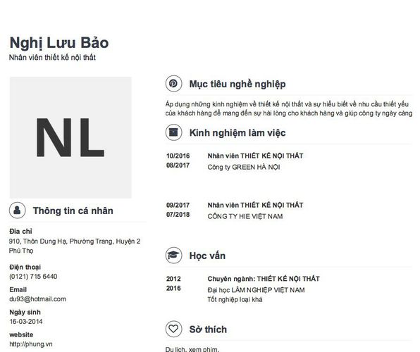 Mẫu CV Nhân viên thiết kế nội thất