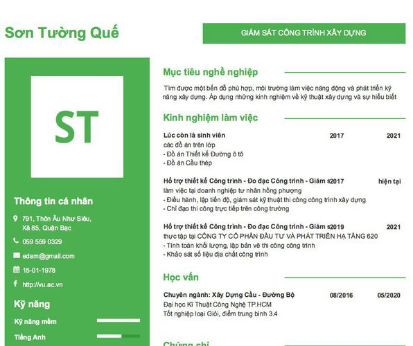 Mẫu CV GIÁM SÁT CÔNG TRÌNH XÂY DỰNG