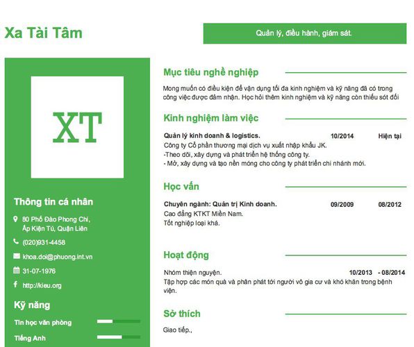 Mẫu CV Quản lý, điều hành, giám sát.