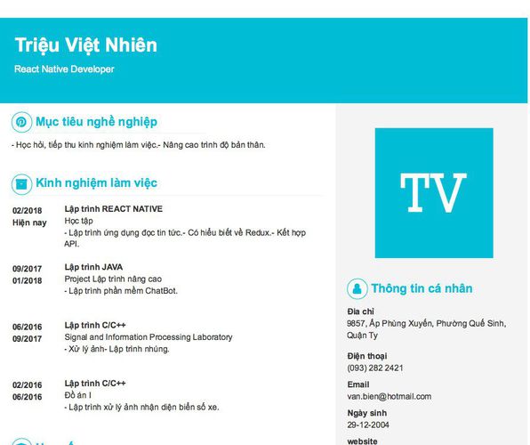 Mẫu CV React Native Developer