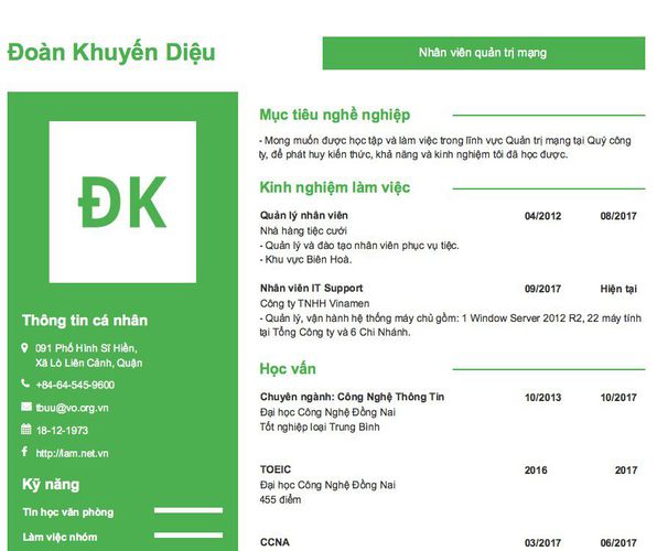 Mẫu CV Nhân viên quản trị mạng