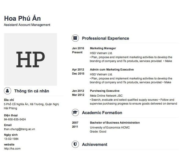 Mẫu CV Assistant/ Account Management