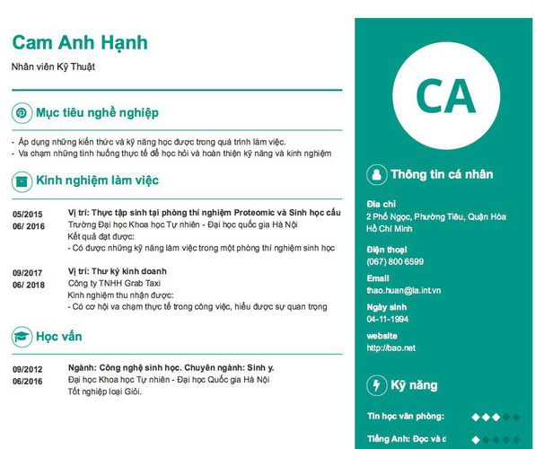 Mẫu CV Nhân viên Kỹ Thuật