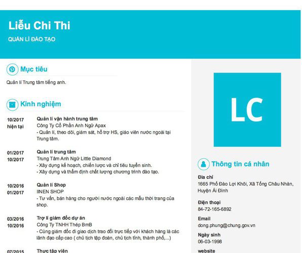 Mẫu CV QUẢN LÍ ĐÀO TẠO