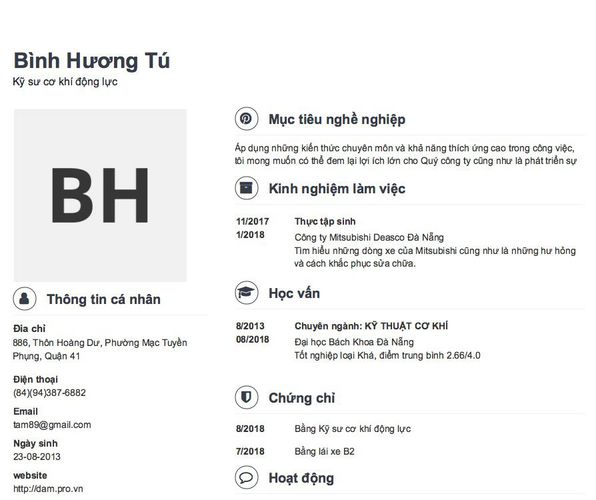 Mẫu CV Kỹ sư cơ khí động lực