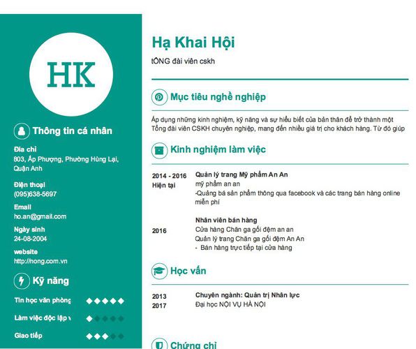 Mẫu CV tỔNG đài viên cskh