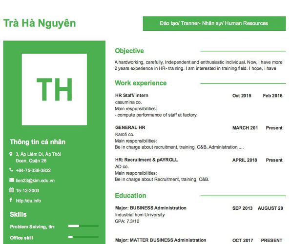 Mẫu CV Đào tạo/ Tranner- Nhân sự/ Human Resources