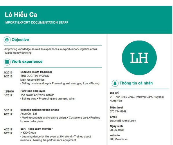 Mẫu CV IMPORT-EXPORT DOCUMENTATION STAFF