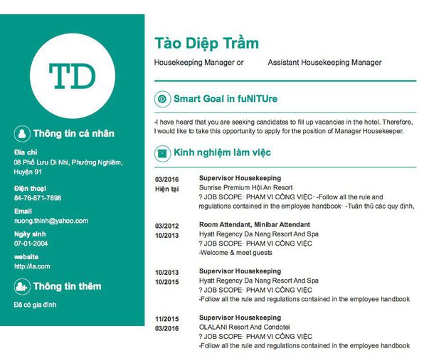 Mẫu CV Housekeeping Manager or            Assistant Housekeeping Manager
