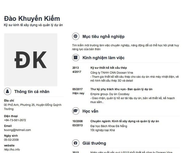 Mẫu CV Kỹ sư kinh tế xây dựng và quản lý dự án