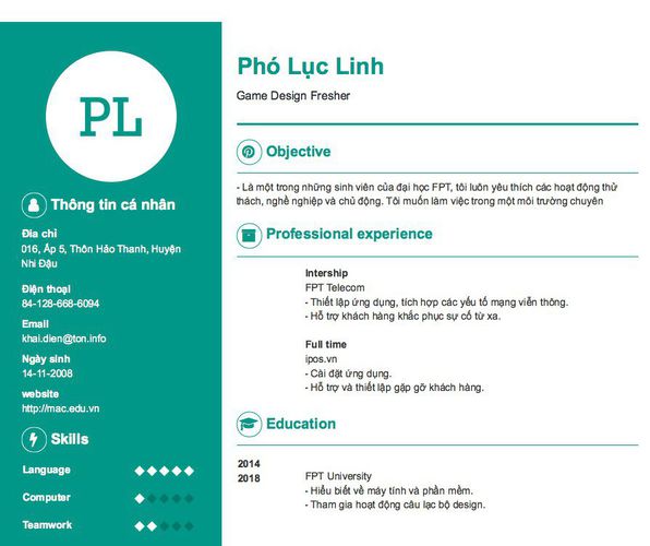Mẫu CV Game Design Fresher