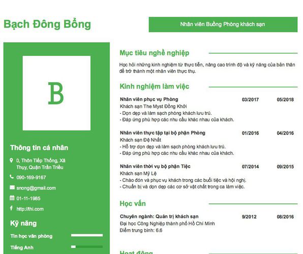 Mẫu CV Nhân viên Buồng Phòng khách sạn