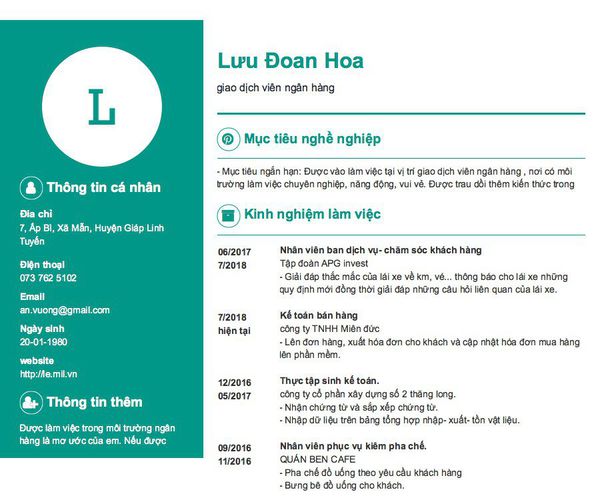 Mẫu CV giao dịch viên ngân hàng