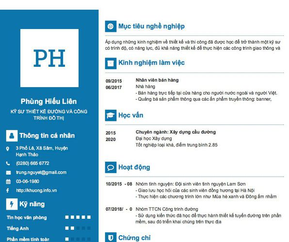Mẫu CV KỸ SƯ THIẾT KẾ ĐƯỜNG VÀ CÔNG TRÌNH ĐÔ THỊ
