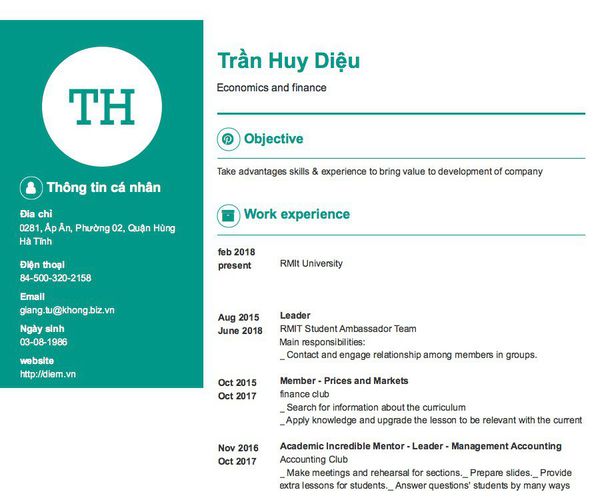 Mẫu CV Economics and finance