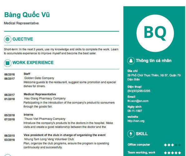 Mẫu CV Medical Representative