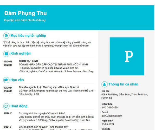 Mẫu CV thực tập sinh hành chính nhân sự