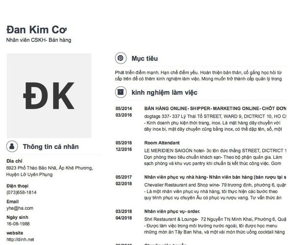 Mẫu CV Nhân viên CSKH- Bán hàng