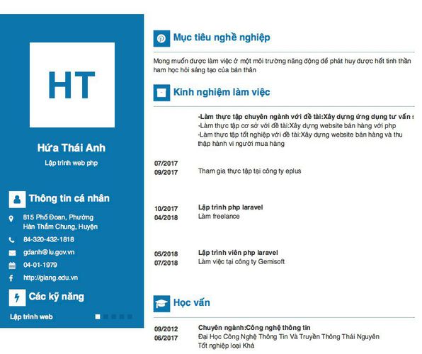Mẫu CV Lập trình web php