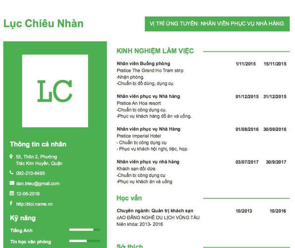 Gợi ý cách viết Mẫu CV tham khảo VỊ TRÍ ỨNG TUYỂN: NHÂN VIÊN PHỤC VỤ NHÀ HÀNG