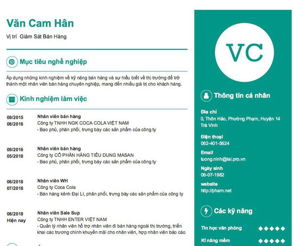 Mẫu CV Vị trí  Giám Sát Bán Hàng