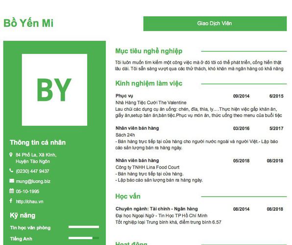 Mẫu CV Giao Dịch Viên