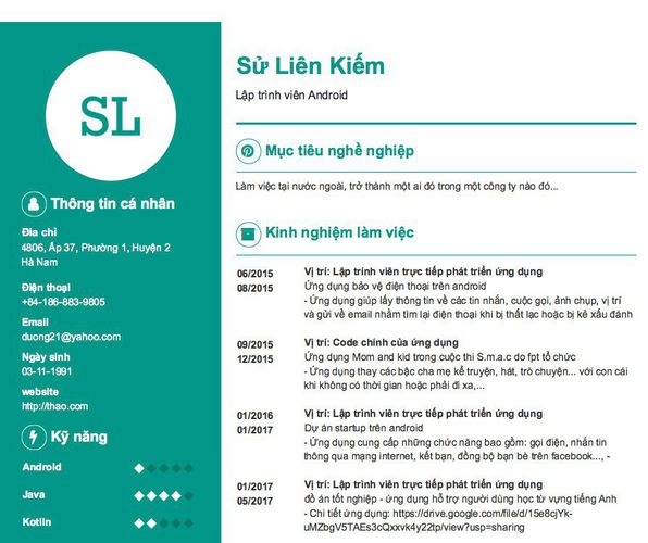 Mẫu CV Lập trình viên Android