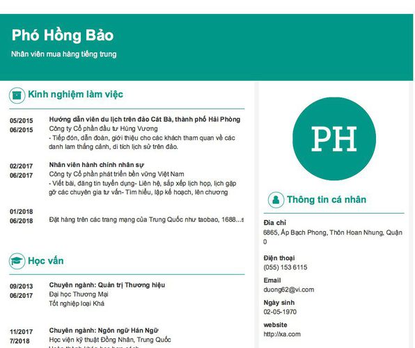 Mẫu CV Nhân viên mua hàng tiếng trung
