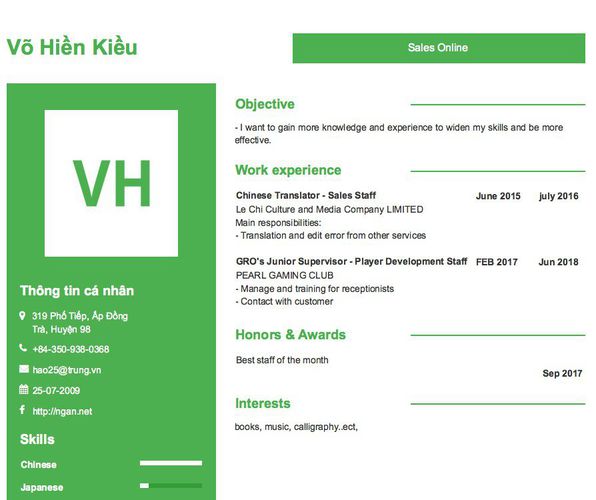 Mẫu CV Sales Online
