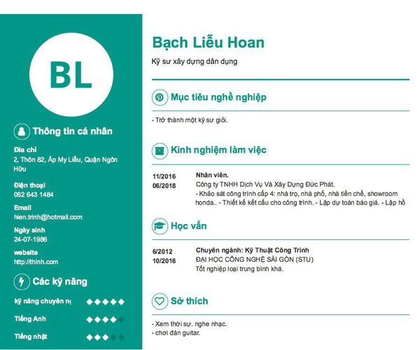 Mẫu CV Kỹ sư xây dựng dân dụng