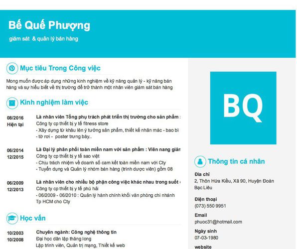 Mẫu CV giám sát  & quản lý bán hàng