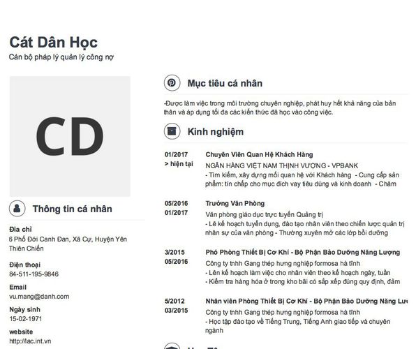 Mẫu CV Cán bộ pháp lý quản lý công nợ