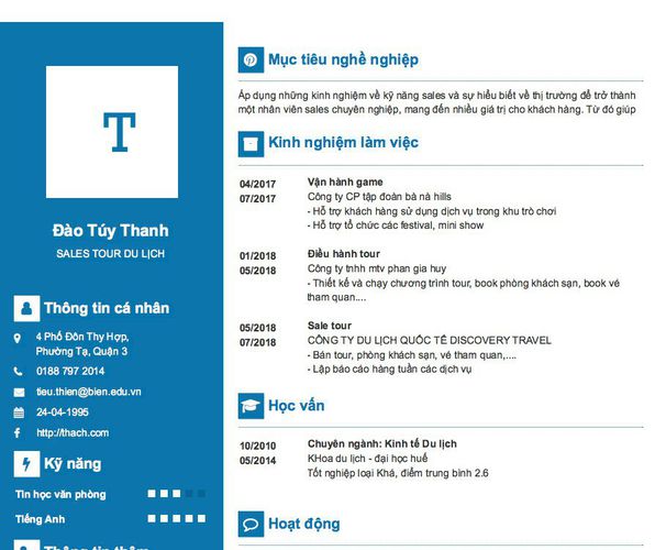 Mẫu CV SALES TOUR DU LỊCH