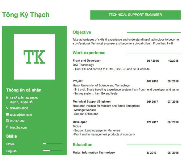 Mẫu CV TECHNICAL SUPPORT ENGINEER