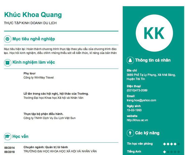 Mẫu CV THỰC TẬP KINH DOANH DU LỊCH